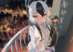 1girl black_hair black_horns blue_archive blurry blurry_background blush bottomless breasts closed_mouth collared_shirt demon_horns demon_wings dress_shirt gradient_hair grey_halo hair_between_eyes halo highres horns karasu-san_(syh3iua83) kayoko_(blue_archive) long_hair long_sleeves looking_at_viewer multicolored_hair naked_shirt no_bra open_clothes open_shirt red_eyes shirt single_wing small_breasts smile solo two-tone_hair white_hair white_shirt wings