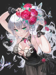 Rule 34 | 1girl, absurdres, bare shoulders, black dress, black gloves, blush, breasts, bug, butterfly, cleavage, dress, fingerless gloves, flower, gloves, green eyes, hair flower, hair ornament, hands up, heartki, highres, insect, large breasts, long hair, looking at viewer, original, red flower, red rose, rose, see-through, see-through skirt, simple background, skirt, sleeveless, sleeveless dress, white hair