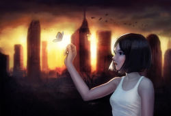 Rule 34 | 1girl, arm at side, arm up, bird, black eyes, black hair, bob cut, breasts, bug, building, butterfly, cityscape, cloud, cloudy sky, highres, bug, jugon, jungon kim, orange sky, original, outdoors, overgrown, post-apocalypse, profile, rubble, ruins, scenery, short hair, sky, skyscraper, small breasts, solo, tank top