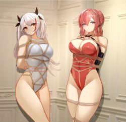 Rule 34 | 2girls, absurdres, against wall, alternate costume, arms behind back, azur lane, bdsm, black gloves, black ribbon, bondage, bound, braid, breasts, cleavage, competition swimsuit, covered erect nipples, crown braid, elbow gloves, gloves, hair between eyes, hair ribbon, highleg, highleg leotard, highleg swimsuit, highres, indoors, large breasts, latex, latex gloves, leotard, long hair, looking at viewer, monarch (azur lane), multicolored hair, multiple girls, one-piece swimsuit, orange eyes, prinz eugen (azur lane), purple eyes, red hair, red leotard, resolution mismatch, ribbon, shibari, shibari over clothes, source smaller, strapless, strapless leotard, streaked hair, swimsuit, two-tone dress, white hair, white one-piece swimsuit, yuuraku yuraku
