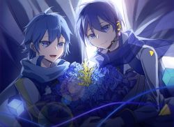 Rule 34 | 2boys, absurdres, backlighting, blue eyes, blue flower, blue hair, blue rose, bouquet, coat, dual persona, earphones, flower, highres, kaito (vocaloid), kaito (vocaloid3), long sleeves, looking at viewer, male focus, multiple boys, rose, scarf, smile, vocaloid, ziling