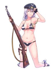 Rule 34 | 1girl, absurdres, arm up, bad id, bad pixiv id, bikini, black bikini, black gloves, bolt action, breasts, closed mouth, collarbone, fingerless gloves, full body, gloves, gluteal fold, gun, hair between eyes, hand on headwear, hat, high heels, highres, kneeling, large breasts, light purple hair, looking away, mauser 98, medium hair, navel, original, peaked cap, purple eyes, rifle, sandals, shiono fuyu, simple background, solo, swimsuit, thigh strap, weapon, white background