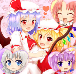 Rule 34 | 5girls, ascot, bat wings, blonde hair, blue eyes, blue hair, bow, braid, brooch, chiroshiron, crescent, crescent hair ornament, closed eyes, fang, flandre scarlet, floral background, flower, hair bow, hair ornament, hand on another&#039;s head, hat, heart, hong meiling, hug, inset, izayoi sakuya, jewelry, looking at viewer, mob cap, multiple girls, open mouth, patchouli knowledge, pink background, purple eyes, purple hair, red eyes, red hair, remilia scarlet, rose, short sleeves, side ponytail, sidelocks, silver hair, smile, touhou, twin braids, wings