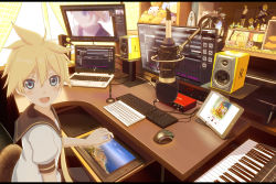 Rule 34 | 1boy, black collar, blonde hair, blue eyes, collar, commentary, computer, desk, drawing tablet, figure, highres, hirobakar, indoors, instrument, kagamine len, keyboard (computer), keyboard (instrument), keytar, laptop, looking at viewer, male focus, merchandise, metronome, microphone, monitor, mouse (computer), multiple monitors, necktie, open mouth, room, sailor collar, school uniform, shirt, short sleeves, sitting, smile, solo, speaker, spiked hair, stuffed toy, tablet pc, vocaloid, white shirt, wireless mouse, yellow necktie