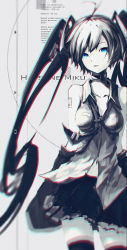 Rule 34 | 1girl, ahoge, black thighhighs, blue eyes, breasts, chromatic aberration, cowboy shot, detached sleeves, grey background, halftone, hatsune miku, highres, long hair, looking at viewer, miniskirt, monochrome, necktie, open mouth, openvl, shirt, skirt, sleeveless, sleeveless shirt, sleeves past wrists, solo, spot color, tattoo, thighhighs, twintails, very long hair, vocaloid, zettai ryouiki