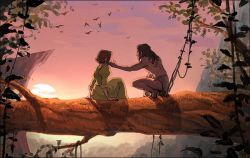 Rule 34 | 1boy, 1girl, arm support, barefoot, bird, brown hair, cloud, cloudy sky, commentary request, day, disney, dress, flying, hair over eyes, horizon, in tree, jane porter, jungle, kneeling, leaf, looking at another, masso, nature, outdoors, outstretched hand, pink sky, plant, profile, puffy sleeves, purple sky, shadow, sitting, sitting in tree, sky, sun, sunset, tarzan, tarzan (disney), tree, vines, yellow dress