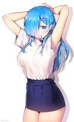 Rule 34 | 1girl, alternate hair length, alternate hairstyle, arms behind head, arms up, ayamy, bare arms, blue eyes, blue hair, blue skirt, breasts, commentary request, cowboy shot, hair ornament, hair over one eye, hair tie in mouth, high-waist skirt, highres, long hair, looking at viewer, medium breasts, miniskirt, mouth hold, re:zero kara hajimeru isekai seikatsu, rem (re:zero), shadow, shirt, shirt tucked in, sidelocks, simple background, skirt, solo, standing, thighs, white background, white shirt, x hair ornament
