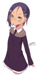 Rule 34 | 1girl, blush, closed mouth, cropped legs, dark-skinned female, dark skin, dated, dress, green eyes, hair between eyes, hair ornament, hairclip, long sleeves, looking away, maze (gochama ze gohan), original, parted bangs, purple dress, purple hair, short dress, signature, simple background, sleeves past wrists, smile, solo, white background