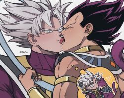 Rule 34 | 2boys, bracelet, closed eyes, closed mouth, dragon ball, dragon ball super, egyptian clothes, fecaa, highres, jewelry, licking, licking another&#039;s face, looking at another, male focus, monkey tail, multiple boys, muscular, muscular male, purple hair, short hair, son goku, spiked hair, tail, tongue, tongue out, twitter username, ultra ego (dragon ball), ultra instinct, upper body, vegeta, white hair, yaoi