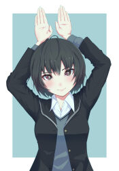 Rule 34 | 1girl, amagami, antenna hair, arms up, black cardigan, black hair, black sailor collar, blue background, blue sweater, blush, breasts, bright pupils, brown eyes, cardigan, chinese zodiac, closed mouth, commentary, dress shirt, hair between eyes, head tilt, highres, kibito high school uniform, long sleeves, looking at viewer, medium breasts, nanasaki ai, new year, open cardigan, open clothes, oshizu, outside border, rabbit-shaped pupils, rabbit pose, sailor collar, school uniform, shirt, short hair, simple background, smile, solo, sweater, symbol-shaped pupils, upper body, white pupils, white shirt, year of the rabbit