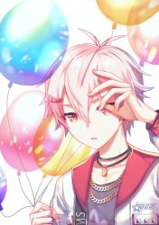 Rule 34 | 1boy, absurdres, balloon, clothes, commentary request, earrings, hair ornament, highres, hwaen, jacket, jewelry, pink hair, red eyes