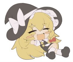 Rule 34 | 1girl, arms behind head, black footwear, black skirt, black vest, blonde hair, blush stickers, bow, braid, chibi, closed eyes, cookie (touhou), fang, full body, hair bow, hat, hat bow, kaiten gunshuu no kage, kirisame marisa, long hair, open mouth, puffy short sleeves, puffy sleeves, red bow, shirt, short sleeves, side braid, simple background, single braid, skirt, smile, socks, solo, suzu (cookie), thick eyebrows, touhou, very long hair, vest, white background, white bow, white shirt, witch hat