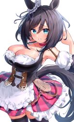 Rule 34 | 1girl, absurdres, animal ears, bare shoulders, black hair, black thighhighs, blue eyes, bob cut, bodice, bow, breasts, choker, cleavage, collarbone, dirndl, ear ribbon, eishin flash (umamusume), german clothes, grin, hair between eyes, highres, horse ears, horse girl, horse tail, large breasts, looking at viewer, red choker, scrunchie, shumai il, simple background, smile, solo, tail, thighhighs, umamusume, white background, white scrunchie, zettai ryouiki