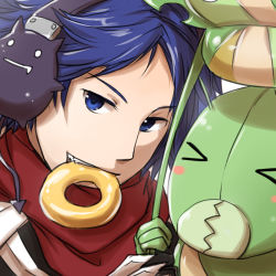 Rule 34 | &gt; &lt;, 1boy, armor, assassin cross (ragnarok online), black shirt, blue eyes, blue hair, bug, closed eyes, commentary request, deviruchi, doughnut, food, food in mouth, grasshopper, headphones, insect, looking at viewer, natsuya (kuttuki), oversized insect, pauldrons, ragnarok online, red scarf, rocker (ragnarok online), scarf, shirt, short hair, shoulder armor, simple background, upper body, vambraces, white background