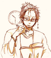 Rule 34 | 1boy, aged up, annoyed, ao no exorcist, book, bracelet, clock, earrings, facial hair, glasses, goatee, hair ornament, hairclip, jewelry, male focus, mechanical pencil, monochrome, multicolored hair, open book, pencil, reading, solo, suguro ryuuji, text focus, two-tone hair