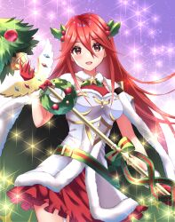Rule 34 | 1girl, :d, armor, breastplate, christmas, christmas ornaments, cordelia (fire emblem), cordelia (winter) (fire emblem), cowboy shot, dress, fire emblem, fire emblem awakening, fire emblem heroes, fur trim, gold trim, highres, holding, holding staff, kakiko210, long hair, looking at viewer, night, night sky, nintendo, official alternate costume, open mouth, purple background, red dress, red eyes, red hair, short dress, sky, smile, solo, sparkle, staff, star (sky), star (symbol), starry sky, thighhighs, very long hair, zettai ryouiki