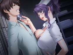 Rule 34 | 1boy, 1girl, :d, akamine akira, anata no shiranai kangofu, black bra, black eyes, black hair, blue eyes, blush, bra, breast on chest, breast press, breasts, cleavage, clenched teeth, femdom, game cg, glasses, glowing, hands on own hips, hat, juumonji yousuke, large breasts, lingerie, lipstick, makeup, mature female, nail polish, naughty face, nipples, nurse, nurse cap, open clothes, open mouth, open shirt, ponytail, purple hair, sano toshihide, scared, scissors, shirt, short hair, smile, smother, sweatdrop, teeth, underwear, wavy hair