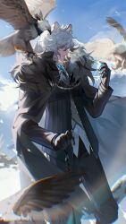 Rule 34 | 1boy, absurdres, animal ears, arknights, artist name, bird, black coat, black pants, blue sky, cane, chinese commentary, chromatic aberration, coat, coat on shoulders, commentary request, dated, feet out of frame, frown, fur-trimmed coat, fur trim, gem, grey eyes, grey hair, grey vest, hand up, hawk, highres, holding, holding gem, lens flare, leopard boy, leopard ears, leopard tail, looking to the side, male focus, mountainous horizon, outdoors, pants, procreate (medium), shirt, silverash (arknights), sky, solo, tail, tenzin (arknights), vest, white shirt, xianyu guguzi