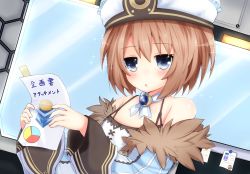 Rule 34 | 10s, 1girl, bare shoulders, blanc (neptunia), blue eyes, blush, brown hair, fur trim, haru blanc0316, hat, looking at viewer, neptune (series), open mouth, short hair, solo, sparkle