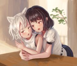 Rule 34 | 2girls, :o, animal ears, arm rest, arm up, armpit crease, belt, black hair, black skirt, branch, fjsmu, highres, holding hands, hug, hug from behind, indoors, inubashiri momiji, leaning on person, looking at viewer, looking to the side, multiple girls, no headwear, open mouth, parted bangs, pointy ears, pom pom (clothes), red eyes, shameimaru aya, shirt, short hair, short sleeves, sitting, skirt, sleeveless, sleeveless shirt, table, touhou, upper body, white hair, white shirt, wolf ears, yuri