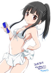 Rule 34 | 10s, 1girl, 2016, artist name, bikini, bikini skirt, black hair, blush, breasts, brown eyes, can, chijou noko, chikanoko, cleavage, collarbone, commentary request, copyright name, dated, energy drink, front-tie top, holding, holding can, long hair, looking at viewer, navel, original, ponytail, ragho no erika, red bull, signature, simple background, small breasts, solo, swimsuit, white background, white bikini