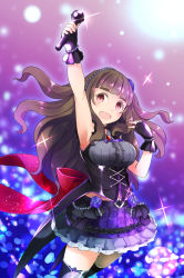 Rule 34 | 10s, 1girl, armpits, black gloves, black thighhighs, brown eyes, brown hair, comah, eyebrows, fingerless gloves, frilled skirt, frills, gloves, hair ornament, holding, holding microphone, idolmaster, idolmaster cinderella girls, kamiya nao, long hair, microphone, open mouth, purple skirt, skirt, solo, thick eyebrows, thighhighs