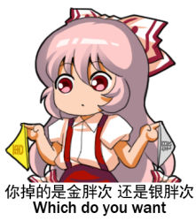 Rule 34 | 1girl, bow, chinese text, english text, expressionless, fujiwara no mokou, hair bow, honest axe, jokanhiyou, long hair, lowres, meme, panties, parody, red eyes, simple background, simplified chinese text, solo, suspenders, touhou, translation request, underwear, unworn panties, white background, white hair, yellow panties