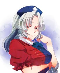 Rule 34 | 1girl, absurdres, breast hold, breasts, dress, female focus, grey eyes, hat, highres, large breasts, long hair, nurse cap, rarorimiore, silver hair, simple background, smile, solo, touhou, yagokoro eirin