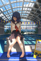 Rule 34 | 1girl, bad id, bad pixiv id, barefoot, black skirt, blue eyes, blue hair, blush, closed mouth, day, domo1220, indoors, knees together feet apart, light rays, looking to the side, neckerchief, original, pennant, pleated skirt, pool, red neckerchief, school uniform, serafuku, short sleeves, sign, sitting, skirt, solo, sunbeam, sunlight