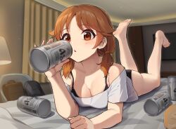 Rule 34 | 1girl, alcohol, ass, bare shoulders, barefoot, beer, beer can, black bra, black panties, bra, bra strap, breasts, brown eyes, brown hair, can, cleavage, collarbone, commentary, drink can, feet, feet up, hair over shoulder, highres, idolmaster, idolmaster cinderella girls, indoors, kamille (vcx68), katagiri sanae, legs, lying, medium breasts, off-shoulder shirt, off shoulder, on stomach, open mouth, panties, revision, shirt, soles, solo, toes, twintails, underwear