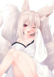 Rule 34 | 1girl, absurdres, animal ear fluff, animal ears, breasts, cleavage, fox ears, fox girl, grey hair, hair between eyes, hand up, highres, japanese clothes, kimono, kitsune, knees together feet apart, knees up, long hair, long sleeves, looking at viewer, medium breasts, off shoulder, one eye closed, open mouth, original, red eyes, sakuma hiragi, simple background, sitting, sleeves past wrists, solo, white background, white kimono, wide sleeves