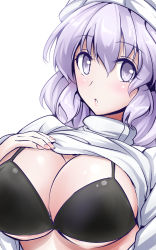 Rule 34 | 1girl, black bra, bra, breasts, cleavage, clothes lift, female focus, hat, highres, large breasts, letty whiterock, light purple hair, looking at viewer, parted lips, purple eyes, shirt lift, solo, touhou, underboob, underwear, upper body, y2