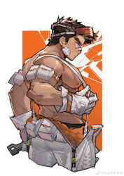 Rule 34 | 1boy, absurdres, artist request, ass, bandaid, bandaid on face, bandaid on nose, bara, bare pectorals, cropped legs, facial hair, from side, gloves, goggles, goggles on head, highres, holding, holding wrench, jumpsuit, large pectorals, looking ahead, male focus, mechanic, muscular, muscular male, nipples, open jumpsuit, original, pectorals, profile, short hair, sideburns stubble, solo, stubble, suspenders, thick eyebrows, white jumpsuit, wrench