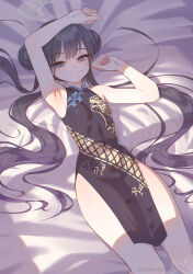 Rule 34 | 1girl, absurdres, armpits, bed sheet, black dress, black hair, blue archive, breasts, china dress, chinese clothes, commentary, double bun, dragon print, dress, grey eyes, grey halo, hair bun, halo, highres, horange, kisaki (blue archive), long hair, looking at viewer, lying, on back, pelvic curtain, print dress, sleeveless, sleeveless dress, small breasts, solo, thighs, twintails, twitter username