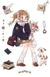 Rule 34 | 1girl, animal charm, badge, bag, baozi, blue coat, blue eyes, blush stickers, book, book stack, bouquet, bow, box on lap, braid, braided ponytail, brown bag, brown bow, brown footwear, brown hair, closed mouth, coat, collared shirt, dog, envelope, eyelashes, eyeshadow, flower, food, full body, hair bow, hand on own cheek, hand on own face, holding, holding bag, holding bouquet, ink, lace-trimmed collar, lace bow, lace sleeves, lace trim, layered sleeves, letter, lipstick, loafers, long hair, long sleeves, looking ahead, makeup, multiple hair bows, open clothes, open coat, original, pocket watch, puffy long sleeves, puffy sleeves, puppy, putong xiao gou, quill, red eyeshadow, red lips, school uniform, shirt, shoes, shoulder bag, sitting, smile, solo, sparkling eyes, tape, tongue, tongue out, twintails, watch, white background, white bow, white flower, white leg warmers, white shirt