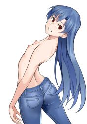 Rule 34 | 1girl, blue hair, brown eyes, denim, flat chest, idolmaster, idolmaster (classic), kisaragi chihaya, long hair, looking back, nipples, open mouth, simple background, solo, takano (sora), topless, very long hair, white background