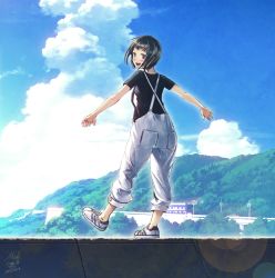Rule 34 | 1girl, :d, black hair, black shirt, blue sky, brown hair, cloud, day, looking at viewer, mocha (cotton), mountain, open mouth, original, outdoors, overalls, pants, pants rolled up, shirt, shoes, short hair, sky, smile, sneakers, solo, t-shirt, technoheart