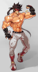 Rule 34 | 1boy, abs, armpit peek, bara, baseball, belt, belt buckle, brown hair, buckle, bulge, fingerless gloves, flexing, full body, gloves, guilty gear, headgear, highres, large pectorals, long hair, male focus, muscular, na insoo, navel, nipples, pants, pectorals, ponytail, shiny skin, shoes, simple background, sol badguy, solo, spiked hair, sportswear, thighs, tight clothes, topless male, track pants, yellow eyes