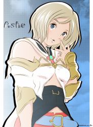 Rule 34 | 1girl, ashelia b&#039;nargin dalmasca, belt, blonde hair, breasts, character name, final fantasy, final fantasy xii, highres, looking at viewer, open mouth, short hair, skirt, smile, solo