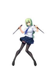 Rule 34 | 1girl, aishuu hebiko, black thighhighs, closed mouth, full body, green eyes, hand on own hip, highres, kagami hirotaka, lilith-soft, loafers, long hair, looking at viewer, necktie, official art, pleated skirt, shiny clothes, shoes, short sleeves, sidelocks, simple background, skirt, smile, solo, taimanin (series), taimanin asagi, taimanin rpgx, thighhighs, weapon, white background, white skirt, yellow eyes, zettai ryouiki
