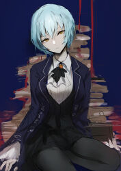 Rule 34 | 1girl, absurdres, angela (project moon), black pantyhose, black skirt, black vest, blood, blue background, blue coat, blue hair, book, book stack, chuhaibane, closed mouth, coat, collared shirt, highres, library of ruina, long sleeves, miniskirt, pantyhose, project moon, shirt, short hair, simple background, sitting, skirt, solo, vest, white shirt, wing collar, yellow eyes