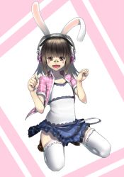 Rule 34 | 1girl, animal ears, bandages, bandaid, blush, brown hair, facial tattoo, headphones, mossari poteto, open mouth, original, rabbit ears, rabbit pose, red eyes, skirt, smile, solo, tattoo, thighhighs, white thighhighs