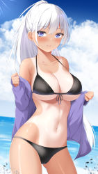 Rule 34 | 1girl, bare shoulders, bikini, black bikini, blue eyes, breasts, cleavage, closed mouth, cloud, collarbone, cow, earrings, gluteal fold, highres, jacket, jewelry, large breasts, long hair, long sleeves, looking at viewer, mole, mole on breast, navel, ocean, off shoulder, one-piece tan, open clothes, open jacket, original, ponytail, purple jacket, smile, solo, stomach, stud earrings, swimsuit, tan, tanline, tatsumiya kagari, undressing, water, white hair
