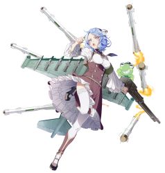Rule 34 | 1girl, absurdres, blue eyes, blue hair, chromatic aberration, copyright request, frog, full body, gun, hair ornament, highres, lace, lace-trimmed legwear, lace trim, leg up, long sleeves, missile, open mouth, short hair, solo, thighhighs, transparent background, weapon, white thighhighs, wings