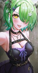 Rule 34 | 1girl, absurdres, antlers, armpits, artofkuzu, black dress, breasts, ceres fauna, ceres fauna (goth), cleavage, dress, earrings, flower, green hair, hair flower, hair ornament, hair over one eye, hairclip, highres, hololive, hololive english, horns, jewelry, large breasts, multiple earrings, necklace, official alternate costume, official alternate hair length, official alternate hairstyle, short hair, solo, tongue, tongue out, virtual youtuber, yellow eyes