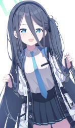 Rule 34 | 1girl, aris (blue archive), black hair, black hairband, black skirt, blue archive, blue eyes, blue hair, blue necktie, blush, collared shirt, commentary request, dark blue hair, hair between eyes, hairband, halo, highres, holding, holding hair, jacket, long hair, long sleeves, looking at viewer, necktie, one side up, open clothes, open jacket, open mouth, partial commentary, pleated skirt, reijing etrn, ringed eyes, shirt, simple background, skirt, smile, solo, very long hair, white background, white jacket, white shirt