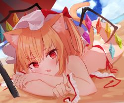 Rule 34 | 1girl, animal ear fluff, animal ears, ass, barefoot, beach, bikini, blonde hair, blush, bow, cat ears, cat tail, cloud, cloudy sky, crystal, day, dutch angle, fang, feet, flandre scarlet, foreshortening, frills, hair bow, hat, horizon, index finger raised, kemonomimi mode, looking at viewer, lying, mob cap, on stomach, one side up, open mouth, outdoors, pointing, pointing at viewer, red bikini, red bow, red eyes, short hair, skin fang, sky, solarisu, solo, swimsuit, tail, touhou, undone bra, white hat, wings