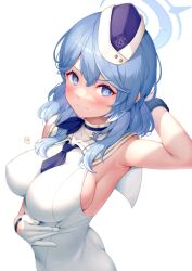 Rule 34 | 1girl, ako (blue archive), arm behind head, armpits, blue archive, blue eyes, blue hair, blue necktie, blush, breasts, closed mouth, dress, gloves, halo, hat, highres, kep (ahokep), large breasts, long hair, necktie, simple background, sleeveless, sleeveless dress, solo, white background, white dress, white gloves