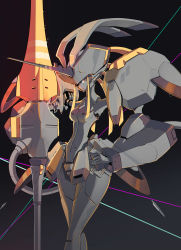 Rule 34 | 10s, 1girl, absurdres, black background, breasts, cowboy shot, darling in the franxx, franxx, hand on own hip, highres, holding, holding weapon, horns, humanoid robot, key visual, koyama shigeto, logo, looking at viewer, mecha, official art, parted lips, poster (medium), promotional art, red eyes, robot, simple background, single horn, solo, weapon