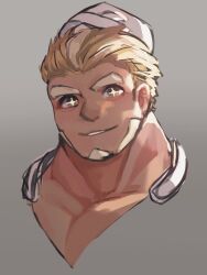 Rule 34 | 1boy, ahura mazda (housamo), bara, blonde hair, commentary request, gradient background, grey background, hat, highres, male focus, multicolored hair, muscular, muscular male, parted lips, portrait, shiratori yokikana, short hair, smile, solo, star-shaped pupils, star (symbol), symbol-shaped pupils, thick eyebrows, tokyo houkago summoners, two-tone hair, white hair, yellow eyes